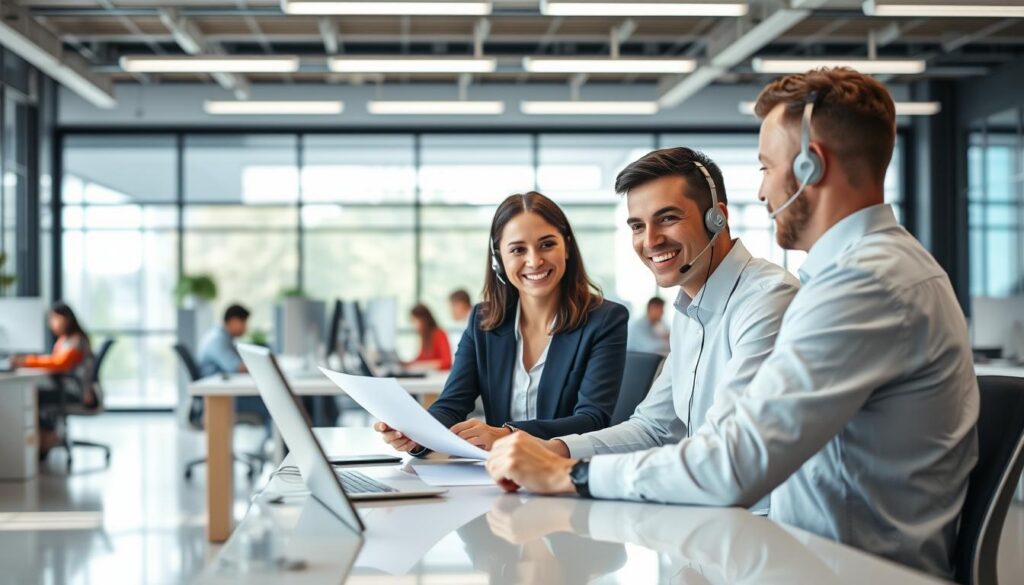 A bright, modern office setting with a customer service representative assisting a client. In the foreground, the customer service agent sits at a sleek desk, wearing a professional attire and smiling warmly as they review documents together. In the middle ground, other agents can be seen working diligently at their stations, creating a bustling, yet organized atmosphere. The background features large windows, allowing natural light to flood the space and creating a sense of openness and transparency. The overall mood is one of efficiency, professionalism, and a commitment to providing exceptional customer service.