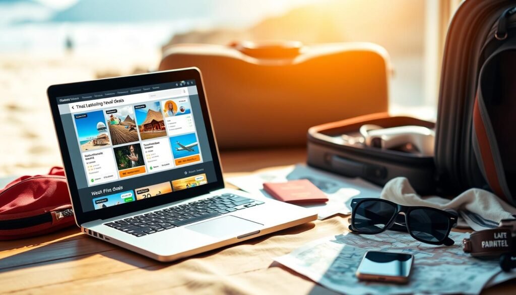 A bright, vibrant travel scene with a spontaneous, last-minute feel. In the foreground, an open laptop displaying a variety of tantalizing, discounted travel deals, its screen illuminated by a warm, natural light. In the middle ground, a suitcase partially packed, surrounded by travel essentials - a passport, sunglasses, a map, and a smartphone, all hinting at an impending journey. The background features a blurred, picturesque landscape, perhaps a sandy beach or a mountainous vista, evoking a sense of adventure and wanderlust. The overall atmosphere is one of excitement and the thrill of unexpected opportunity, capturing the essence of scoring unbeatable last-minute travel deals.