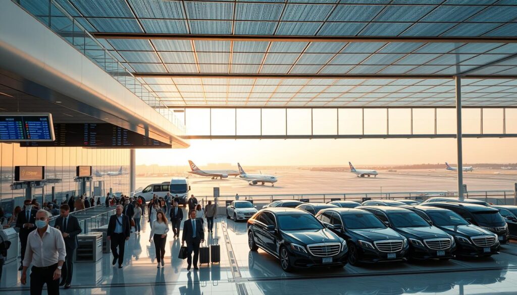 A bustling airport terminal with sleek, modern architecture. In the foreground, smartly dressed passengers effortlessly navigate between check-in counters and security checkpoints. Overhead, a grid of electronic flight information displays casts a warm, blue-tinted glow. In the middle ground, a fleet of luxury shuttle vans and private cars stand ready, their drivers holding signs to greet arriving travelers. The background features a panoramic view of the tarmac, with aircraft taking off and landing against a cloudless, golden-hour sky. The overall atmosphere conveys a sense of efficiency, comfort, and seamless transportation. A bustling airport terminal with sleek, modern architecture. In the foreground, smartly dressed passengers effortlessly navigate between check-in counters and security checkpoints. Overhead, a grid of electronic flight information displays casts a warm, blue-tinted glow. In the middle ground, a fleet of luxury shuttle vans and private cars stand ready, their drivers holding signs to greet arriving travelers. The background features a panoramic view of the tarmac, with aircraft taking off and landing against a cloudless, golden-hour sky. The overall atmosphere conveys a sense of efficiency, comfort, and seamless transportation.