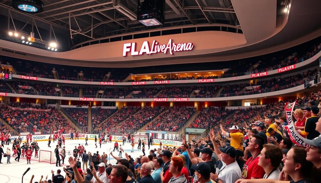 A bustling arena filled with passionate hockey fans, the FLA Live Arena in Sunrise, Florida, sets the stage for an electrifying game day atmosphere. In the foreground, fans decked out in the team's colors cheer and wave banners, their faces alight with excitement. The middle ground captures the energy of the concourse, with vendors selling concessions and merchandise, while the background showcases the towering arena structure, its sleek lines and modern design framing the action. Warm lighting casts a glow over the scene, creating a vibrant and immersive experience for all in attendance.