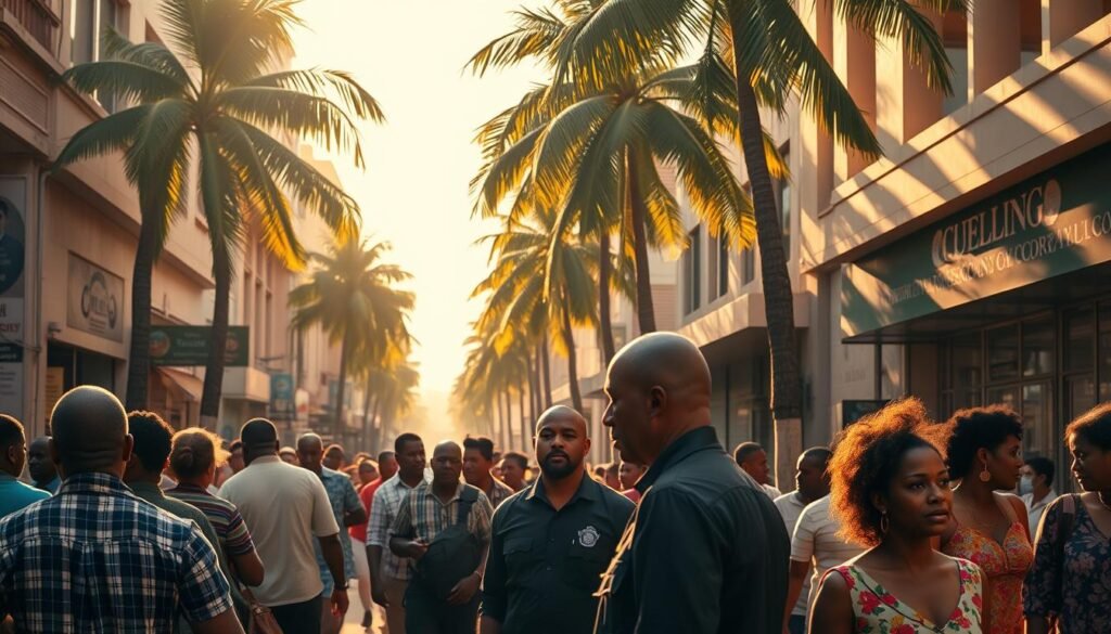A bustling street in Kingston, Jamaica, illuminated by warm, golden sunlight. In the foreground, a group of locals engage in lively conversation, their body language exuding a sense of caution and vigilance. In the middle ground, a security guard stands at the entrance of a well-guarded commercial building, his uniform crisp and his gaze alert. In the background, towering palm trees sway gently, framing the scene with a touch of tropical serenity. The overall atmosphere conveys a balance of vibrant urban life and heightened security measures, reflecting the practical personal safety and security tips needed for travelers to Jamaica.