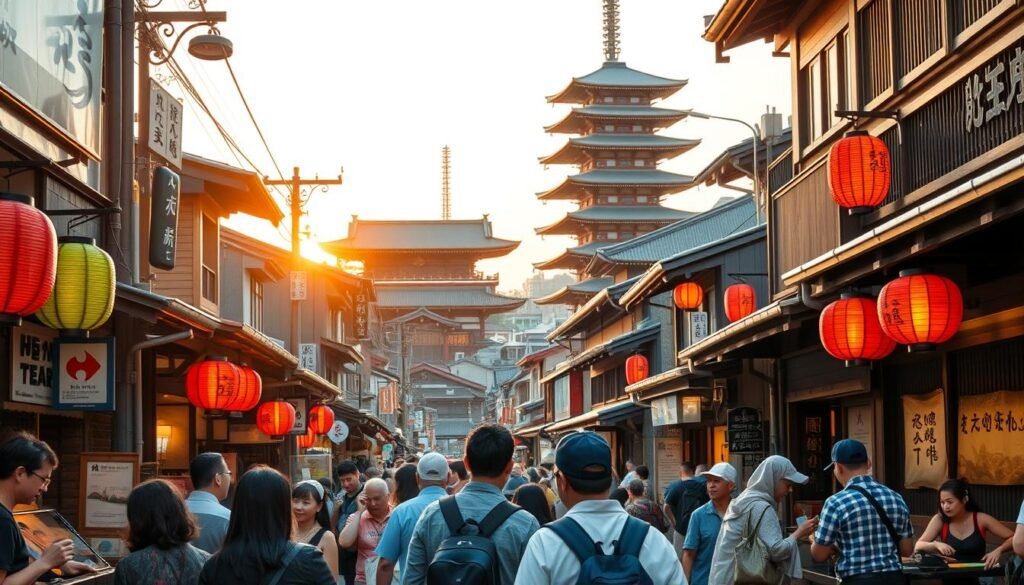 A bustling street in a traditional Japanese neighborhood, with colorful lanterns and signage lining the narrow alleyways. In the foreground, a group of tourists immersed in the local culture, observing an artisan at work, their faces alight with wonder. The middle ground features quaint shops and cafes, their facades adorned with intricate carvings and paper screens. In the background, the towering silhouettes of ancient temples and shrines rise against a soft, golden-hued sky, bathed in the warm glow of the setting sun. The scene conveys a sense of timeless tradition and authentic cultural exploration. A bustling street in a traditional Japanese neighborhood, with colorful lanterns and signage lining the narrow alleyways. In the foreground, a group of tourists immersed in the local culture, observing an artisan at work, their faces alight with wonder. The middle ground features quaint shops and cafes, their facades adorned with intricate carvings and paper screens. In the background, the towering silhouettes of ancient temples and shrines rise against a soft, golden-hued sky, bathed in the warm glow of the setting sun. The scene conveys a sense of timeless tradition and authentic cultural exploration.