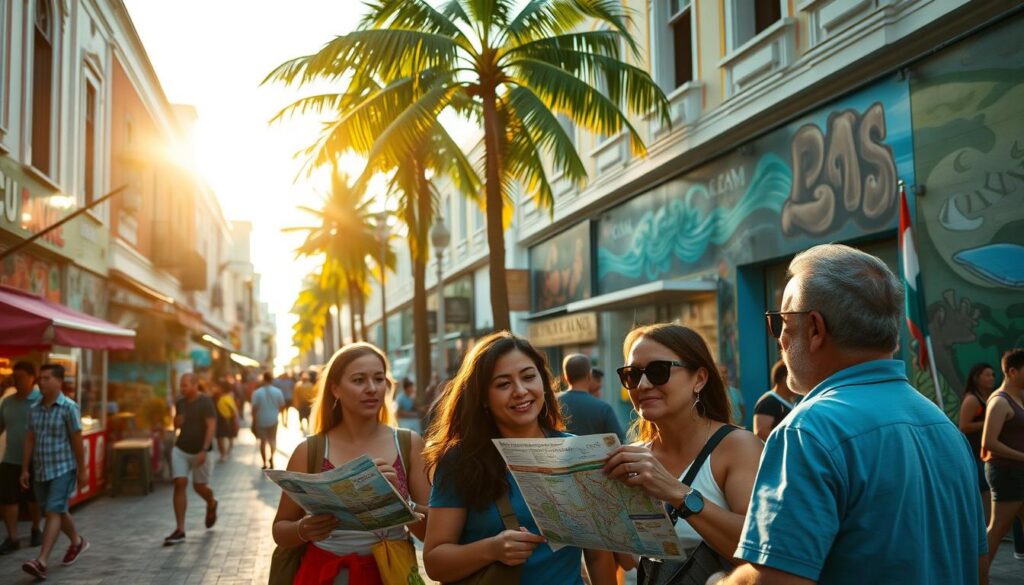 A bustling street in downtown Cancun, with local shops, food stalls, and vibrant murals lining the sidewalks. In the foreground, a group of tourists pause to consult a map, guided by a friendly local offering directions and recommendations. The warm, golden light of the afternoon sun casts a pleasant glow, capturing the energy and diversity of the city. In the background, palm trees sway gently, hinting at the nearby beaches and lush, tropical landscape. A sense of discovery and immersion in the local culture permeates the scene. A bustling street in downtown Cancun, with local shops, food stalls, and vibrant murals lining the sidewalks. In the foreground, a group of tourists pause to consult a map, guided by a friendly local offering directions and recommendations. The warm, golden light of the afternoon sun casts a pleasant glow, capturing the energy and diversity of the city. In the background, palm trees sway gently, hinting at the nearby beaches and lush, tropical landscape. A sense of discovery and immersion in the local culture permeates the scene.