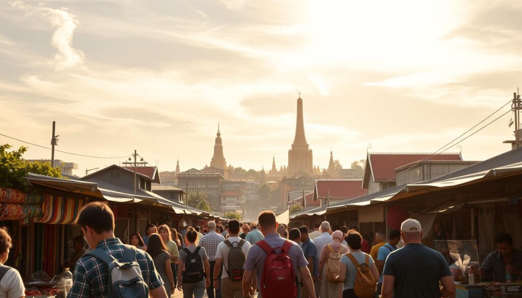 A bustling street scene in a vibrant Southeast Asian city, bustling with local life. In the foreground, a group of backpackers navigate the busy market stalls, haggling over colorful textiles and handcrafted souvenirs. In the middle ground, food vendors sell steaming street food, the aroma wafting through the air. In the background, a mix of low-rise buildings and towering temples create a distinctive skyline, bathed in warm, golden sunlight filtering through wispy clouds. The overall atmosphere conveys a sense of adventure, cultural immersion, and the thrill of budget travel in this enchanting region. A bustling street scene in a vibrant Southeast Asian city, bustling with local life. In the foreground, a group of backpackers navigate the busy market stalls, haggling over colorful textiles and handcrafted souvenirs. In the middle ground, food vendors sell steaming street food, the aroma wafting through the air. In the background, a mix of low-rise buildings and towering temples create a distinctive skyline, bathed in warm, golden sunlight filtering through wispy clouds. The overall atmosphere conveys a sense of adventure, cultural immersion, and the thrill of budget travel in this enchanting region.