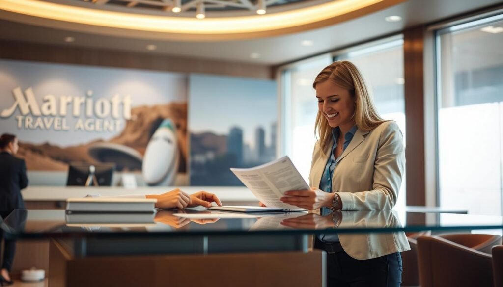 A bustling travel agency office, with a well-lit reception area showcasing the "Marriott Travel Agent" registration process. A friendly agent is guiding a prospective client through the sign-up paperwork, explaining the exclusive benefits and perks. The client appears engaged, reviewing documents on a sleek glass desk, with a backdrop of Marriott branding and hotel imagery. The scene conveys professionalism, attention to detail, and the excitement of becoming a Marriott-affiliated travel agent. Soft, warm lighting and a subtle depth of field create an inviting atmosphere, drawing the viewer into the dynamic registration experience.