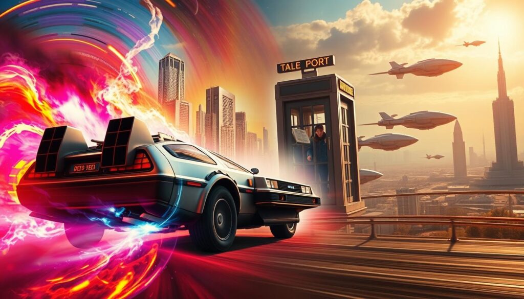 A cinematic collage of iconic time travel movie scenes, captured in vibrant, hyper-realistic detail. In the foreground, a DeLorean time machine from "Back to the Future" bursts through a swirling vortex of colorful energy, its gleaming chrome and neon-accented design commanding the viewer's attention. In the middle ground, a mysterious phone booth from "Bill & Ted's Excellent Adventure" stands against a backdrop of towering skyscrapers, its occupants frozen in time as they embark on their legendary adventure. In the distance, a futuristic landscape from "Minority Report" unfolds, with sleek hovercrafts and gleaming architecture hinting at the advanced technology that enables the film's time-bending narrative. The overall scene is bathed in a warm, golden glow, evoking the nostalgic and awe-inspiring essence of these cinematic time travel classics. A cinematic collage of iconic time travel movie scenes, captured in vibrant, hyper-realistic detail. In the foreground, a DeLorean time machine from "Back to the Future" bursts through a swirling vortex of colorful energy, its gleaming chrome and neon-accented design commanding the viewer's attention. In the middle ground, a mysterious phone booth from "Bill & Ted's Excellent Adventure" stands against a backdrop of towering skyscrapers, its occupants frozen in time as they embark on their legendary adventure. In the distance, a futuristic landscape from "Minority Report" unfolds, with sleek hovercrafts and gleaming architecture hinting at the advanced technology that enables the film's time-bending narrative. The overall scene is bathed in a warm, golden glow, evoking the nostalgic and awe-inspiring essence of these cinematic time travel classics.