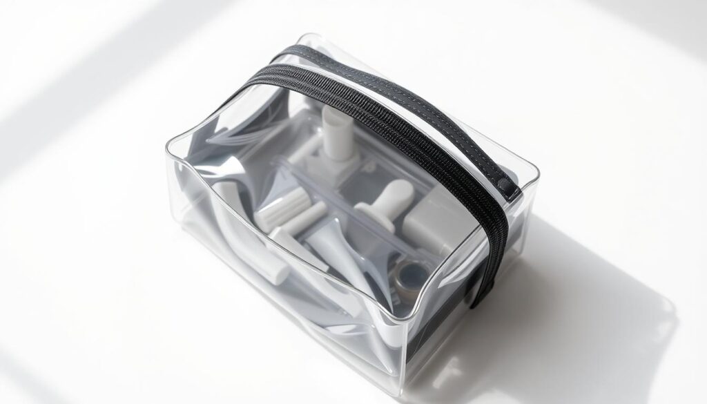 A clear, transparent toiletry bag with a sturdy, zippered closure, resting on a white background. The bag is illuminated from the side, casting soft shadows that accentuate its sleek, minimalist design. The interior of the bag is visible, revealing organization compartments and pockets for easy access to travel-sized toiletries. The composition emphasizes the bag's TSA-approved status, showcasing its compact size and see-through material to comply with airline security regulations. The overall mood is one of practicality, convenience, and travel-readiness.
