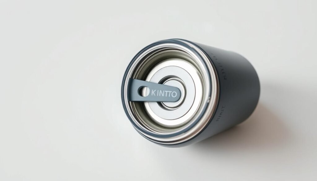 A close-up, high-resolution photograph of the Kinto Day Off Tumbler's lid system. The tumbler is positioned on a clean, minimalist white background, allowing the intricate design of the lid to be the main focus. The lighting is soft and diffused, creating gentle shadows that accentuate the contours and textures of the metal and silicone components. The camera angle is slightly elevated, providing a detailed, three-dimensional view of the lid's unique concentric ring structure, push-button mechanism, and snap-on closure. The overall mood is one of simplicity, functionality, and premium quality, reflecting the thoughtful engineering and design of the Kinto Day Off Tumbler.