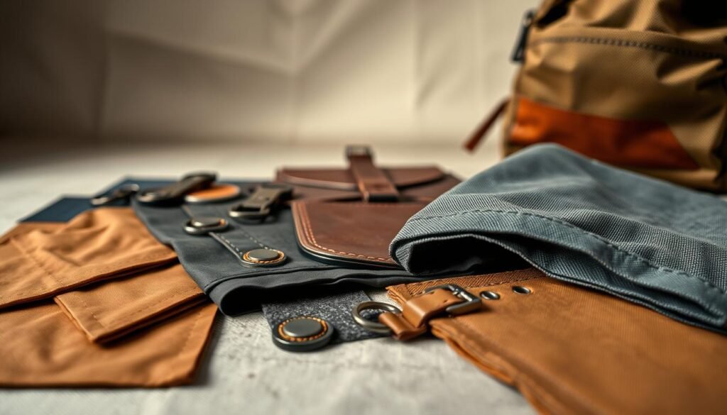 A close-up, high-resolution photograph of various durable backpack materials laid out in an organized arrangement. In the foreground, crisp swatches of ballistic nylon, water-resistant polyester, and rugged canvas textiles. In the middle ground, textured leather patches and sturdy metal buckles and zippers. In the background, a blurred out, softly lit studio setting with neutral shadows and highlights to emphasize the materiality. The overall mood is one of quality, functionality, and attention to detail, conveying the essential elements of a well-constructed travel backpack.