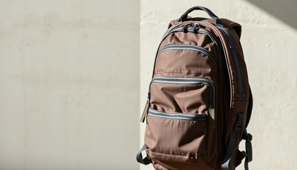 A close-up shot of the key features of a high-quality travel backpack for women, illuminated by soft, diffused natural lighting. The backpack is positioned against a neutral, textured background, allowing the details to take center stage. In the foreground, the focus is on the durable, water-resistant fabric, reinforced zippers, and adjustable shoulder straps. In the middle ground, the backpack showcases a spacious main compartment, multiple organizational pockets, and a padded laptop sleeve. The background subtly hints at the backpack's intended use, with a sense of adventure and exploration. The overall composition and lighting create a clean, minimalist aesthetic, emphasizing the functionality and quality of the backpack.