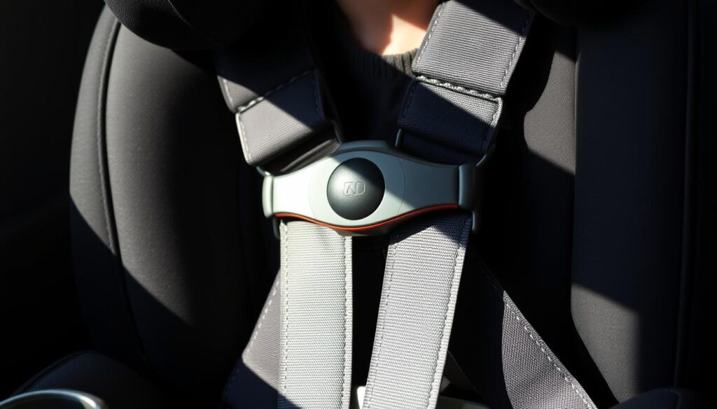 A close-up view of a five-point harness safety system for a car seat, showcasing its key features in a sleek, modern design. The harness straps are highlighted in bold, contrasting colors, secured firmly to the car seat's sturdy frame. The central buckle mechanism is prominently displayed, with a metallic finish that conveys a sense of quality and durability. The scene is lit with soft, directional lighting, casting subtle shadows that accentuate the harness's intricate components. The background is slightly blurred, keeping the focus on the safety features and creating a clean, professional aesthetic suitable for an article about selecting the perfect travel car seat.
