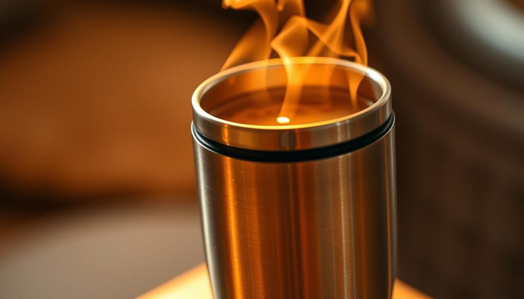 A close-up view of a stainless steel travel mug filled with a hot, steaming beverage. The mug's double-walled insulation keeps the liquid piping hot, with tendrils of steam rising from the open lid. Warm orange light from a low-angle spotlight bathes the mug, creating highlights that accentuate its sleek, cylindrical form. The background is a softly blurred interior setting, hinting at a cozy, domestic atmosphere. The composition emphasizes the mug's ability to retain heat, conveying the importance of temperature maintenance for enjoying a hot drink on the go.