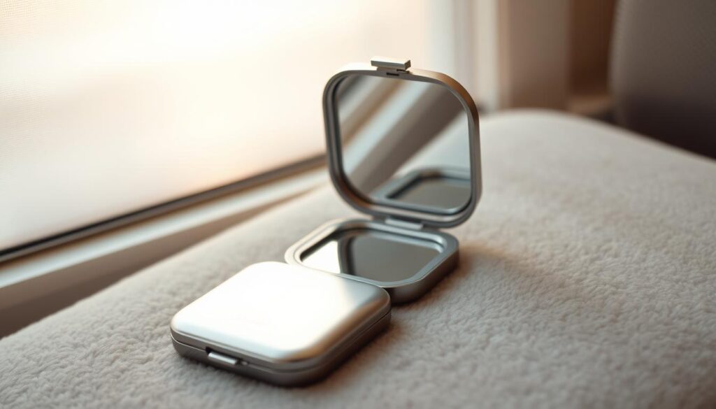 A compact, metallic fragrance case rests on a plush, velvet surface. The case has a sleek, minimalist design with subtle embossed details. It opens to reveal a mirrored interior, perfect for on-the-go touch-ups. Soft, warm lighting from a nearby window casts a gentle glow, highlighting the case's polished finish. The overall scene evokes a sense of luxury and practicality, capturing the essence of a travel-sized fragrance accessory that is both stylish and functional.