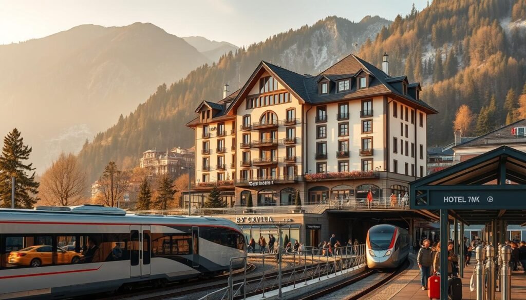 A cozy hotel nestled in a picturesque mountainous landscape, with a bustling transportation hub in the foreground. The hotel's facade features classic European architecture, with intricate details and a warm, inviting atmosphere. In the foreground, a train station stands tall, its platforms bustling with travelers and their luggage. Sleek, modern trains await, ready to whisk passengers to their next destination. The scene is bathed in soft, golden light, creating a serene and harmonious atmosphere that evokes the effortless ease of planning a memorable trip.