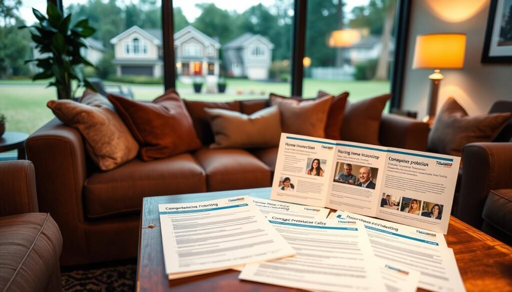 A cozy living room with warm lighting and plush furnishings, showcasing various insurance policy documents and brochures neatly arranged on a wooden coffee table. The documents depict different home insurance coverage options, highlighting the comprehensive protection provided by Travelers Home Insurance. In the background, a large window overlooks a serene suburban neighborhood, conveying a sense of security and peace of mind. The image exudes a professional yet welcoming atmosphere, inviting the viewer to explore the details of the homeowners coverage options presented.