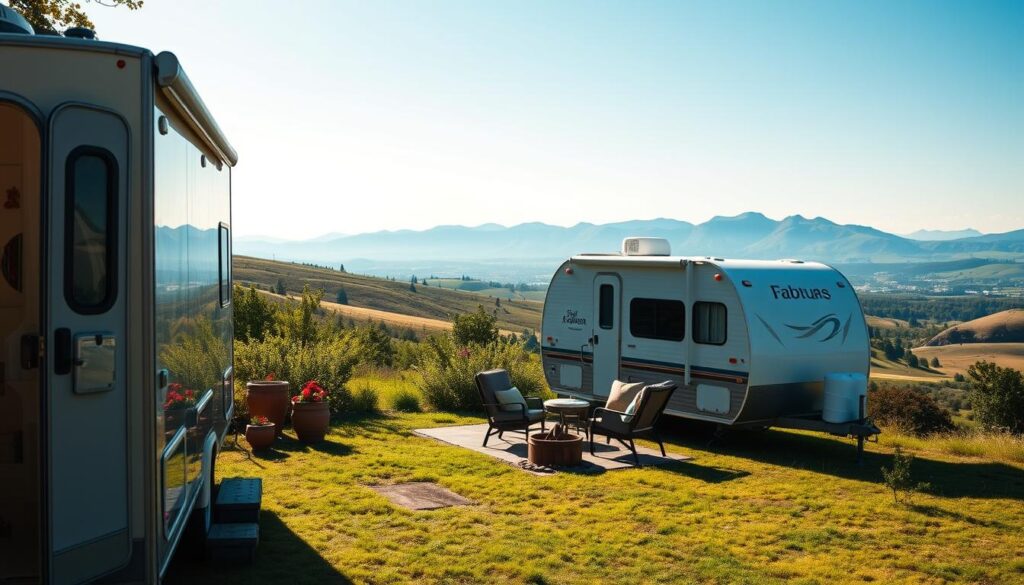 A cozy, sun-dappled scene of a personalized travel trailer nestled amidst rolling hills and lush greenery. In the foreground, the trailer's exterior gleams with a fresh, vibrant paint job and personalized decals, reflecting the owner's unique style and personality. The middle ground showcases a well-maintained outdoor living area, complete with a comfy patio set and a small fire pit, creating an inviting atmosphere for relaxation and social gatherings. In the background, a panoramic view of the countryside unfolds, with distant mountains and a clear blue sky, evoking a sense of freedom and adventure. Soft, warm lighting filters through the scene, adding to the overall sense of comfort and tranquility.