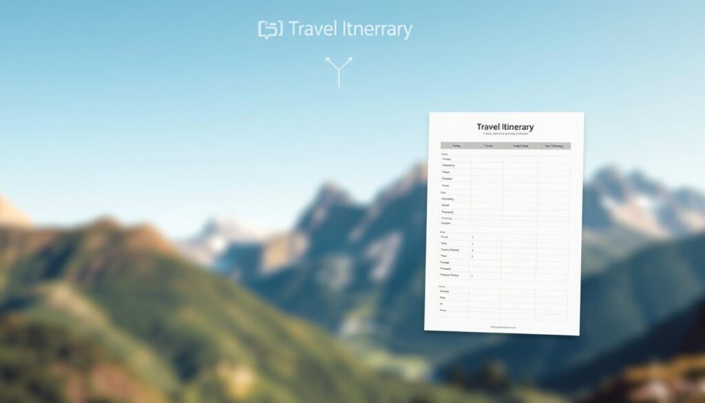 A crisp, minimalist travel itinerary template set against a soft, blurred background of a scenic mountain landscape. In the foreground, the template is showcased, its clean, elegant design highlighting the key benefits: organized trip planning, optimized scheduling, and seamless coordination. Soft, natural lighting illuminates the template, creating a sense of tranquility and efficiency. The overall mood conveys the effortless, stress-free experience of using a well-designed travel itinerary template to plan a memorable journey.