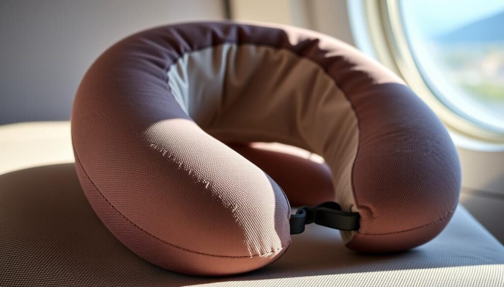 A detailed, close-up photograph of a Trtl neck support travel pillow in a soft, natural lighting environment. The pillow is positioned prominently in the center of the frame, showcasing its ergonomic, wrap-around design with plush, breathable fabric. The pillow is slightly angled to capture its contoured shape and adjustable neck support features. The background is blurred, maintaining focus on the pillow's intricate details and textures. The overall mood is calming and inviting, highlighting the pillow's comfort and support capabilities for weary travelers.