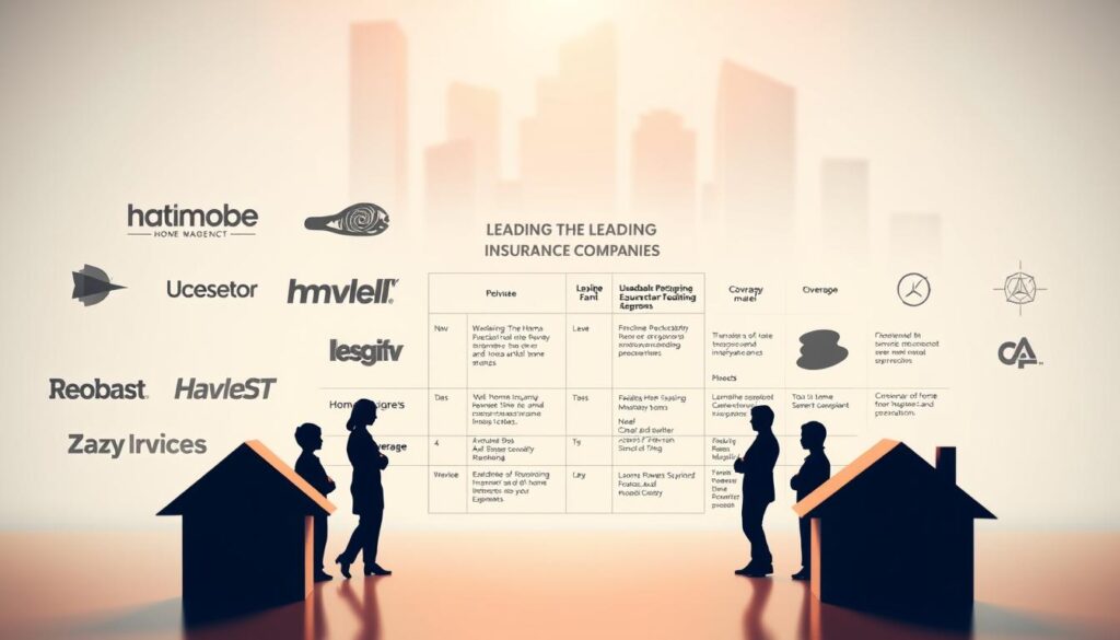 A detailed comparison of leading home insurance companies, showcased in a sleek, modern design. In the foreground, silhouettes of various insurance company logos stand out against a minimalist white background, inviting the viewer to explore the offerings. The middle ground features a side-by-side grid layout, highlighting key features and coverage details for each provider. The background depicts a softly blurred, geometric cityscape, conveying a sense of financial security and protection. Warm, directional lighting illuminates the scene, creating depth and emphasizing the comparative elements. The overall composition exudes a professional, informative tone, guiding the viewer through the complexities of choosing the right home insurance provider.