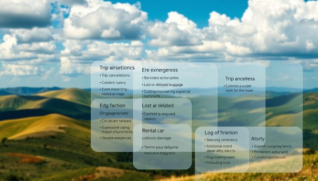 A detailed illustration of automatic coverage benefits under the Amex Platinum travel insurance policy. A striking landscape in the background, with rolling hills, a vibrant blue sky, and fluffy white clouds. In the foreground, a series of transparent overlapping panels depicting various coverage elements - medical emergencies, trip cancellations, lost or delayed baggage, rental car collision damage, and more. The panels are illuminated by soft, diffused lighting, creating a sense of depth and highlighting the key features. The overall composition conveys a sense of security, protection, and comprehensive coverage for the cardholder's travel needs. A detailed illustration of automatic coverage benefits under the Amex Platinum travel insurance policy. A striking landscape in the background, with rolling hills, a vibrant blue sky, and fluffy white clouds. In the foreground, a series of transparent overlapping panels depicting various coverage elements - medical emergencies, trip cancellations, lost or delayed baggage, rental car collision damage, and more. The panels are illuminated by soft, diffused lighting, creating a sense of depth and highlighting the key features. The overall composition conveys a sense of security, protection, and comprehensive coverage for the cardholder's travel needs.