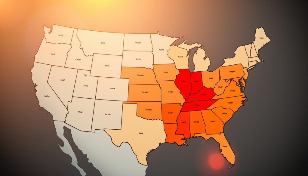A detailed map of the United States, with a clear color-coded system depicting the various travel advisory levels across different states. The foreground features state outlines in muted tones, while the middle ground showcases a vibrant color gradient, ranging from deep green for low-risk areas to bright red for high-risk regions. The background incorporates subtle geographical features, such as mountain ranges and major cities, to provide context. The lighting is warm and inviting, creating a sense of clarity and authority. The overall composition conveys a comprehensive understanding of the current travel landscape within the US, guiding viewers to make informed decisions about their journeys.