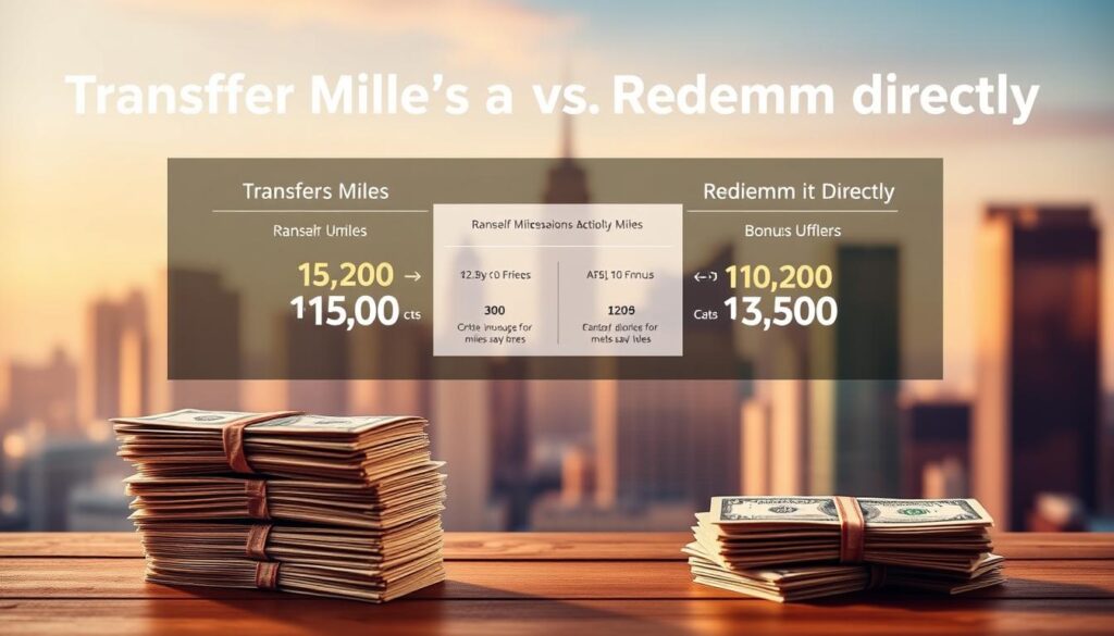 A detailed side-by-side infographic comparing the value of transferring miles versus redeeming them directly. In the foreground, two stacks of currency representing miles, with a clear visual comparison of their relative worth. In the middle ground, a sleek, minimalist interface displaying the transfer and redemption options, along with key metrics like exchange rates and bonus offers. The background features a soft, blurred cityscape with skyscrapers, suggesting the broader context of travel and financial planning. Warm, directional lighting casts subtle shadows, creating depth and emphasizing the infographic's clarity. The overall tone is informative, data-driven, and visually striking, designed to clearly illustrate the tradeoffs between the two options.