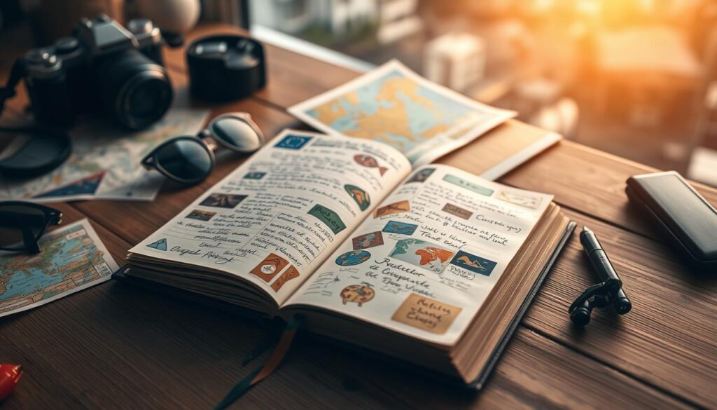 A detailed travel journal open on a wooden table, surrounded by personal items like a camera, sunglasses, and a local map. The pages display handwritten notes, sketches, and colorful stickers, reflecting a unique and immersive travel experience. Soft, warm lighting from a nearby window casts a cozy glow, while the background features a blurred cityscape or landscape, hinting at the destinations explored. The composition conveys a sense of introspection, discovery, and the joy of documenting a personalized journey. A detailed travel journal open on a wooden table, surrounded by personal items like a camera, sunglasses, and a local map. The pages display handwritten notes, sketches, and colorful stickers, reflecting a unique and immersive travel experience. Soft, warm lighting from a nearby window casts a cozy glow, while the background features a blurred cityscape or landscape, hinting at the destinations explored. The composition conveys a sense of introspection, discovery, and the joy of documenting a personalized journey.