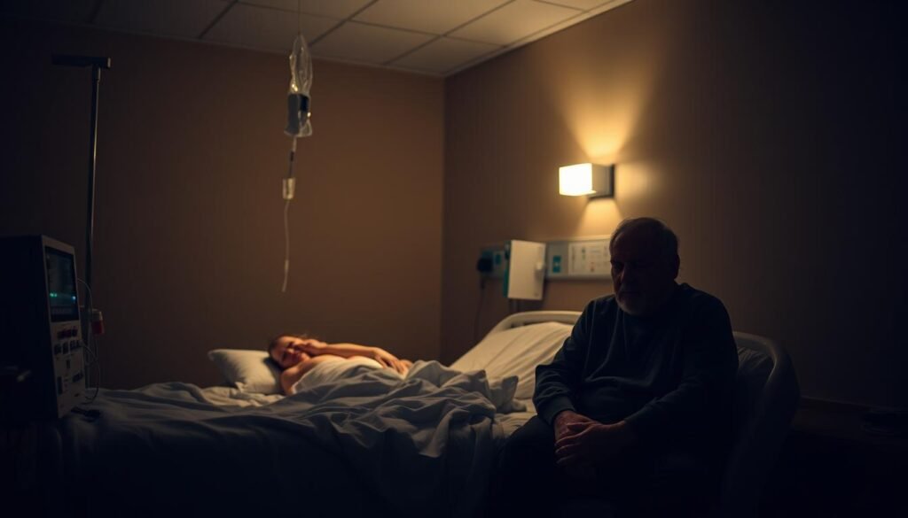 A dimly lit hospital room, the glow of medical equipment casting a soft light. In the center, a patient rests peacefully, hooked up to an IV drip. Beside the bed, a worried family member sits, their expression one of concern. The walls are a calming beige, and the room has an air of sterility and professionalism. The scene conveys a sense of emergency medical care, with the focus on the patient's well-being and the family's support. The lighting is low-key, creating a somber yet hopeful atmosphere. A dimly lit hospital room, the glow of medical equipment casting a soft light. In the center, a patient rests peacefully, hooked up to an IV drip. Beside the bed, a worried family member sits, their expression one of concern. The walls are a calming beige, and the room has an air of sterility and professionalism. The scene conveys a sense of emergency medical care, with the focus on the patient's well-being and the family's support. The lighting is low-key, creating a somber yet hopeful atmosphere.