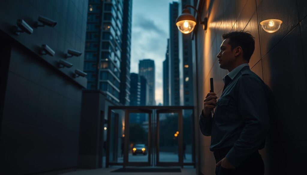 A dimly lit urban street at dusk, with security cameras discreetly mounted on the walls, casting a watchful gaze over the scene. In the foreground, a security guard stands vigilant, dressed in a crisp uniform and holding a two-way radio, ready to respond to any disturbances. The middle ground features a well-lit entryway, its glass doors reinforced with sturdy metal frames, guarded by a keypad access system. In the background, the silhouettes of high-rise buildings loom, their windows reflecting the fading daylight, suggesting an atmosphere of safety and protection in this bustling city.