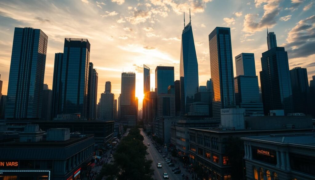 A dramatic cityscape of towering skyscrapers against a backdrop of glowing sunset skies. Sleek high-rises reach skyward, their reflective glass facades casting shimmering patterns. In the foreground, bustling streets are lined with neon-lit shops and cafes, teeming with the energy of urban life. Shadows elongate as the sun dips below the horizon, casting a warm, golden glow over the sprawling metropolis. The scene is captured through a wide-angle lens, emphasizing the scale and grandeur of the iconic urban landscape. This cinematic, panoramic view evokes a sense of wonder and excitement, drawing the viewer into the vibrant heart of the city.