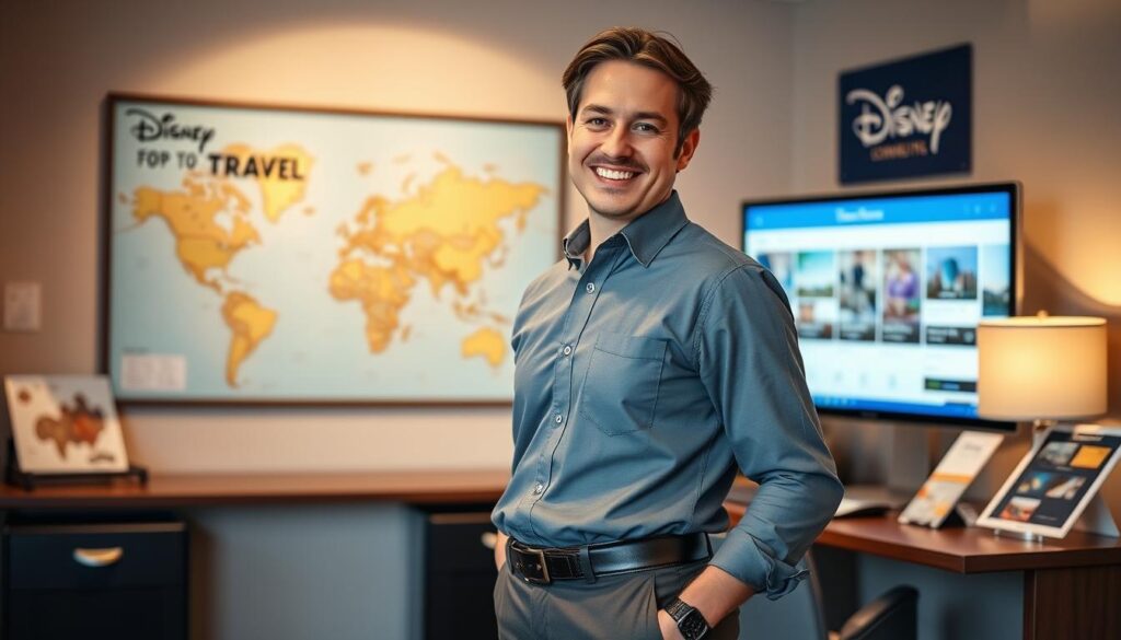 A friendly, professional-looking Disney travel agent standing in a well-lit office, with a welcoming smile and an upbeat demeanor. The agent is dressed in smart, business-casual attire, such as a button-down shirt, slacks, and comfortable shoes. In the background, there are travel-related decorations, such as a Disney-themed map, brochures, and a computer screen displaying travel information. The lighting is soft and warm, creating a pleasant and inviting atmosphere. The agent is positioned in a three-quarter view, engaging with the viewer, ready to assist with planning the ultimate Disney vacation.