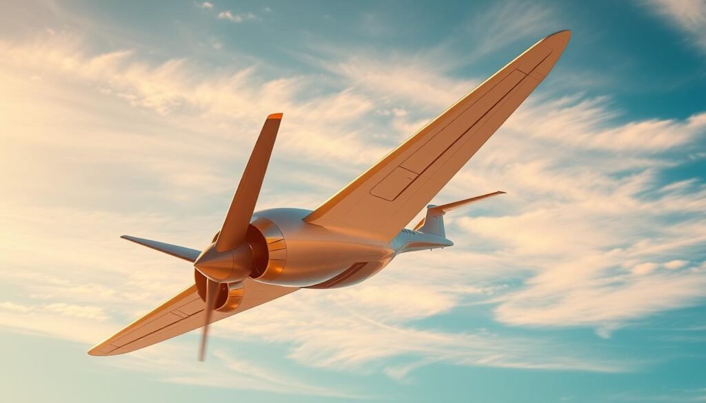 A futuristic aircraft takes flight, its sleek design powered by renewable energy. In the foreground, advanced propulsion systems and lightweight materials come together in a graceful harmony. The middle ground showcases cutting-edge avionics and digital cockpit interfaces, enabling efficient and eco-friendly flight operations. In the background, a serene blue sky dotted with wispy clouds sets the stage for this vision of sustainable aviation innovation. Warm, golden sunlight bathes the scene, conveying a sense of optimism and progress towards a greener future for air travel.