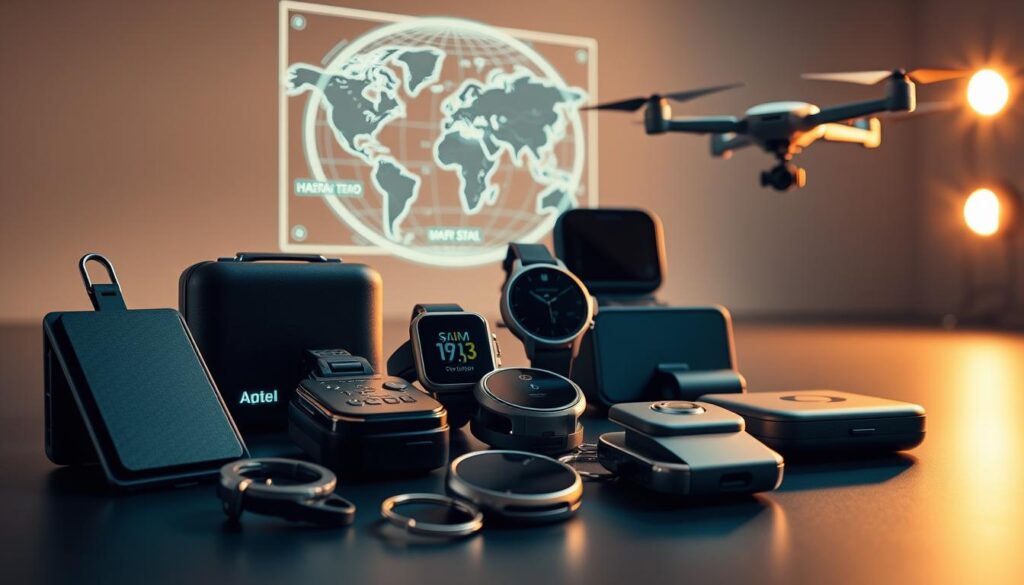 A futuristic array of cutting-edge travel tech gadgets, captured in a stylish, minimalist studio setting. In the foreground, an assortment of sleek, compact devices - a foldable power bank, a smart luggage tag, a multi-tool keychain, and a wireless earbuds case. In the middle ground, a state-of-the-art smartwatch and a voice-controlled translation device. In the background, a holographic map projection and a compact, lightweight drone hover, bathed in warm, directional lighting that accentuates the metallic finishes and smooth contours of the innovative, travel-friendly technologies.
