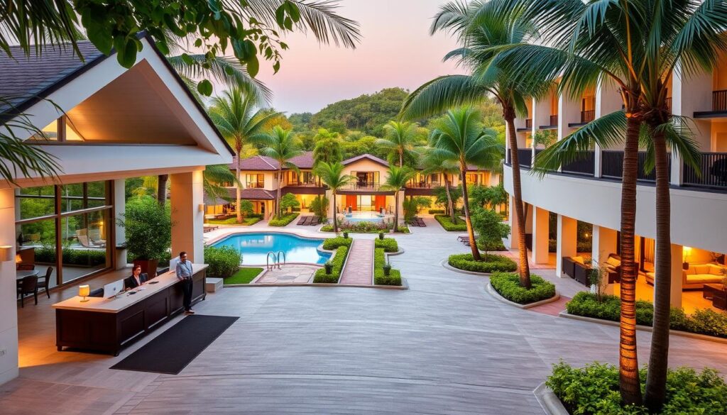 A grand and welcoming resort entrance with lush greenery and well-manicured gardens. In the foreground, a spacious check-in pavilion with a modern, airy design and large windows that allow natural light to flood the space. Friendly staff at the reception desk greet guests, ready to assist with the check-in process. The middle ground features a network of paved walkways leading to various resort facilities, such as a swimming pool, a fitness center, and a cozy lounge area. In the background, glimpses of well-appointed accommodations can be seen, hinting at the luxurious and comfortable stay that awaits. The entire scene is bathed in warm, golden lighting, creating a serene and inviting atmosphere that sets the tone for a memorable holiday experience. A grand and welcoming resort entrance with lush greenery and well-manicured gardens. In the foreground, a spacious check-in pavilion with a modern, airy design and large windows that allow natural light to flood the space. Friendly staff at the reception desk greet guests, ready to assist with the check-in process. The middle ground features a network of paved walkways leading to various resort facilities, such as a swimming pool, a fitness center, and a cozy lounge area. In the background, glimpses of well-appointed accommodations can be seen, hinting at the luxurious and comfortable stay that awaits. The entire scene is bathed in warm, golden lighting, creating a serene and inviting atmosphere that sets the tone for a memorable holiday experience.