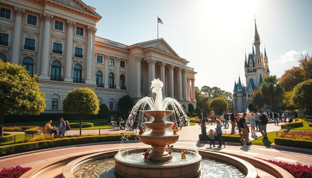 A grand, imposing edifice stands tall, its neoclassical architecture exuding an air of authority and erudition. The College of Disney Knowledge, a premier training portal for Disney travel agents, dominates the scene. Sunlight filters through ornate windows, casting a warm, inviting glow upon the manicured grounds. In the foreground, a fountain adorned with whimsical Disney characters beckons visitors, hinting at the magical secrets within. The middle ground reveals a bustling courtyard, where agents engage in lively discussions, sharing their expertise and passion for crafting unforgettable Disney vacations. In the distance, the iconic Disney castle looms, a testament to the brand's enduring legacy. This image captures the essence of the College of Disney Knowledge, a place where dreams are made and Disney magic is unleashed.
