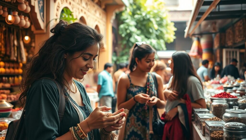 A group of four diverse individuals immersed in a vibrant cultural exchange, exploring an exotic open-air marketplace. The foreground features a curious woman examining intricate handcrafted wares, while her companions behind her interact with the local vendors. Soft, warm lighting bathes the scene, capturing the colorful textiles, spices, and bustling energy. The middle ground showcases the lively activity of the marketplace, with shoppers and stall owners engaged in lively discourse. In the background, a glimpse of ornate architectural details and verdant foliage hints at the rich cultural heritage of the location. This intimate cultural exploration exudes a sense of wonder, connection, and discovery.