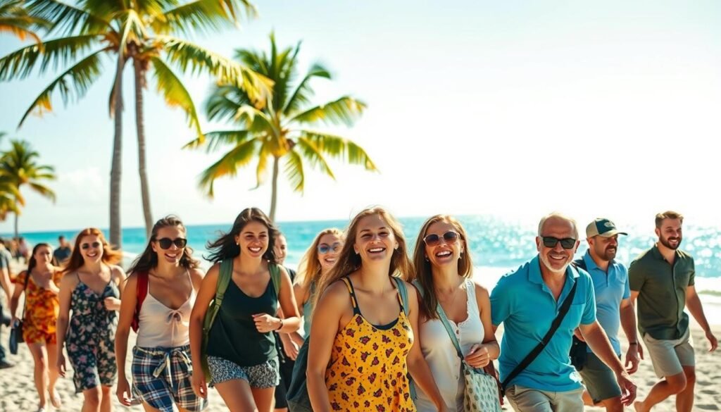 A group of people enjoying a leisurely Florida getaway, their faces beaming with a sense of freedom and flexibility. In the foreground, a diverse ensemble of travelers - families, friends, and solo adventurers - strolling along a sun-drenched beach, their laughter and camaraderie filling the air. The middle ground features a vibrant coastal landscape, with palm trees swaying gently in the warm breeze and a sparkling azure ocean in the distance. The background is bathed in soft, golden light, creating a serene and inviting atmosphere that encourages exploration and relaxation. The overall scene conveys the spirit of group travel, where individuals can discover their own paths while sharing memorable experiences together.