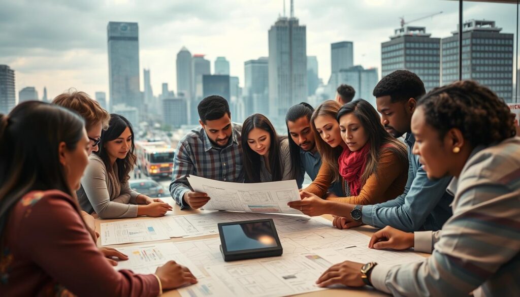 A group of people from diverse backgrounds gathered around a table, collaborating intently on crisis preparedness plans. Warm lighting illuminates their determined expressions as they review maps, charts, and digital displays. In the background, a cityscape with towering skyscrapers and emergency vehicles conveys a sense of urban resilience. The scene exudes a palpable atmosphere of cooperation, problem-solving, and a shared commitment to community safety and wellbeing.