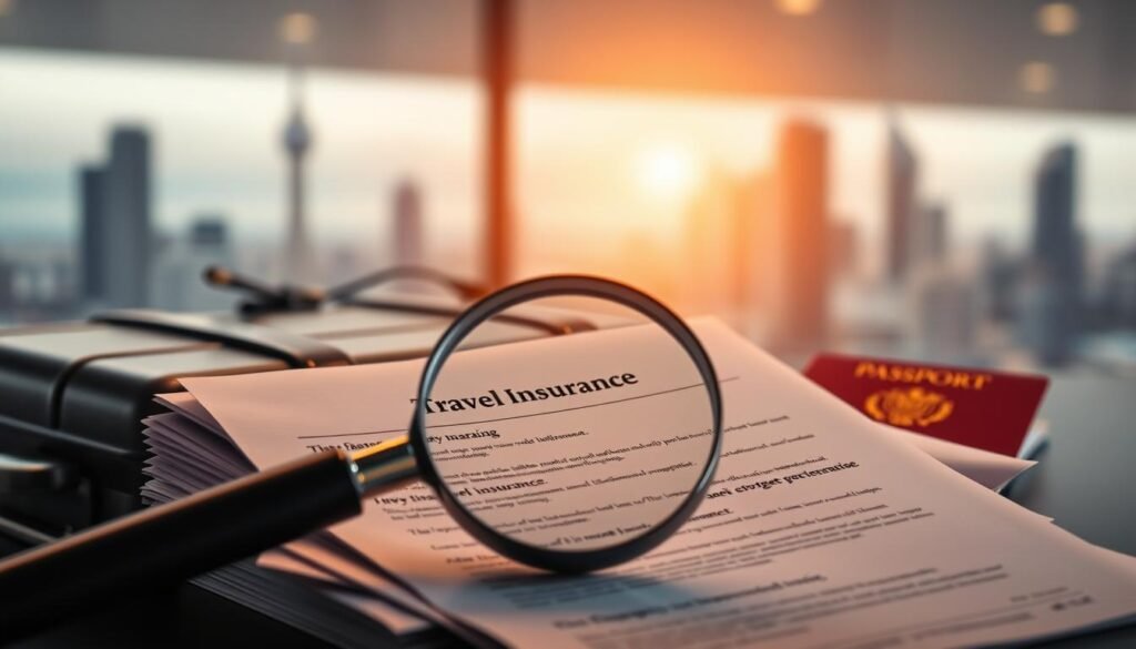 A high-contrast, photorealistic image of travel insurance benefits. In the foreground, a magnifying glass hovers over a stack of insurance documents, highlighting key coverage details. In the middle ground, a suitcase and passport symbolize international travel. The background depicts a blurred cityscape, suggesting the global scope of the coverage. The lighting is warm and directional, creating a sense of depth and emphasis. The composition is balanced, with the insurance documents and travel items occupying the central focal point. The overall mood is one of security, confidence, and the assurance of comprehensive protection for the modern traveler. A high-contrast, photorealistic image of travel insurance benefits. In the foreground, a magnifying glass hovers over a stack of insurance documents, highlighting key coverage details. In the middle ground, a suitcase and passport symbolize international travel. The background depicts a blurred cityscape, suggesting the global scope of the coverage. The lighting is warm and directional, creating a sense of depth and emphasis. The composition is balanced, with the insurance documents and travel items occupying the central focal point. The overall mood is one of security, confidence, and the assurance of comprehensive protection for the modern traveler.