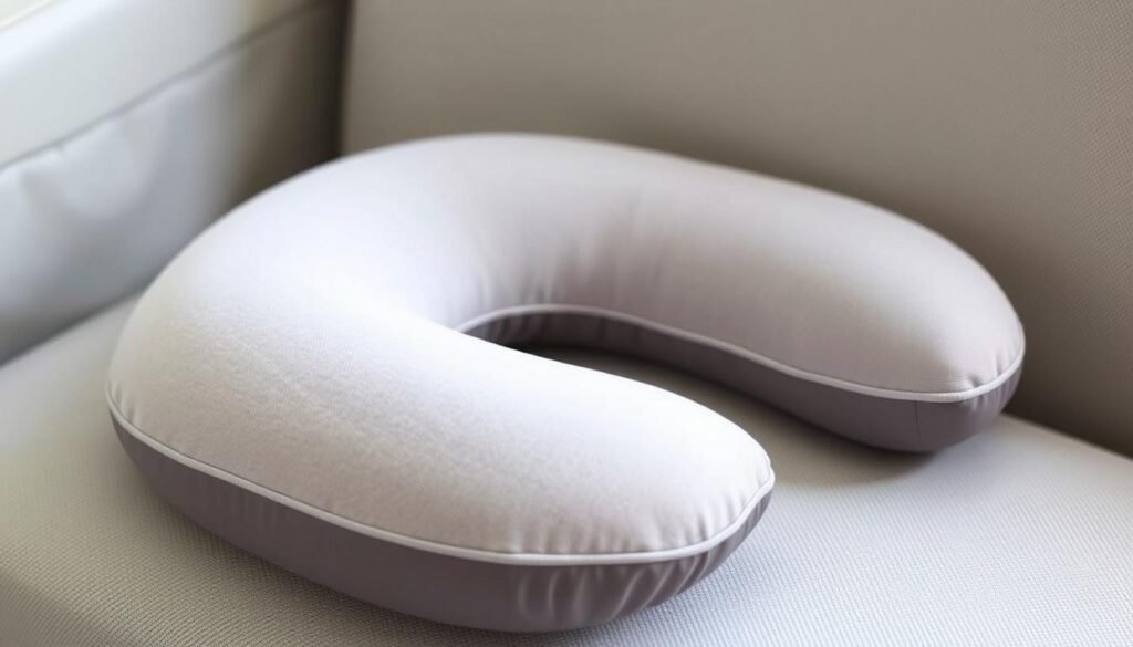 A high-quality, detailed image of an ergonomic neck pillow, presented in a soft, inviting manner. The pillow is the central focus, resting on a neutral-colored surface, with subtle lighting highlighting its contours and materials. The pillow's design features a supportive, curved shape that conforms to the neck, with a plush, breathable fabric cover. The overall composition conveys a sense of comfort and relaxation, suitable for use during travel or leisure activities. The image should capture the essence of the BCozzy Neck Pillow, showcasing its unique features and benefits for side sleepers.