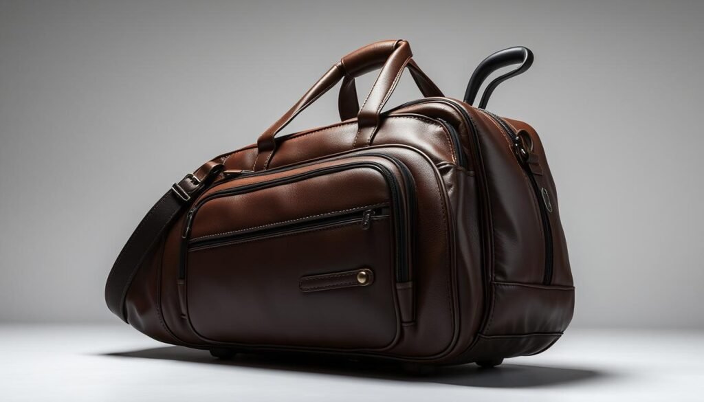 A high-quality leather golf travel bag with an ergonomic club glove pro traveler design. The bag features a durable construction with reinforced corners, multiple compartments for clubs, shoes, and accessories, and a sleek, modern aesthetic. Soft, supple leather texture in a rich, dark brown hue. Brushed metal hardware accents and a comfortable, adjustable shoulder strap. Precise, detailed lighting from an overhead directional source casts dramatic shadows, emphasizing the bag's premium craftsmanship and premium materials. Photographed on a clean, minimalist background with a neutral gray tone, allowing the bag to be the central focus.