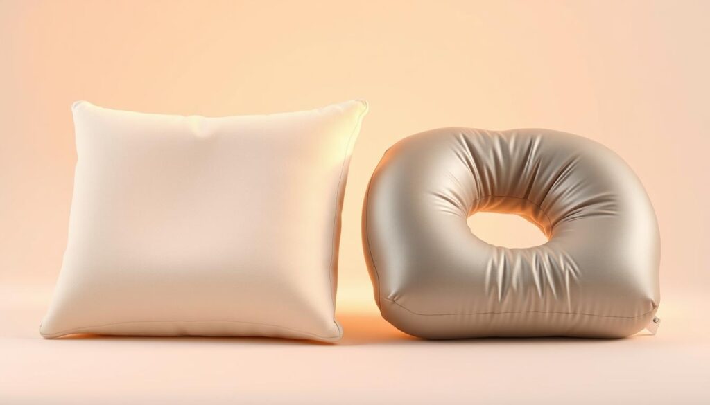 A high-resolution, detailed comparison of a memory foam pillow and an inflatable travel pillow, shot in a clean, well-lit studio setting. The pillows are positioned side-by-side, allowing a clear visual inspection of their distinct textures, shapes, and materials. The memory foam pillow has a soft, plush surface with a slight indentation, while the inflatable pillow has a smooth, glossy exterior. Both pillows are bathed in warm, directional lighting that accentuates their unique features and highlights the key differences between the two styles. The background is a neutral, minimalist backdrop that keeps the focus entirely on the pillows and their comparative qualities.