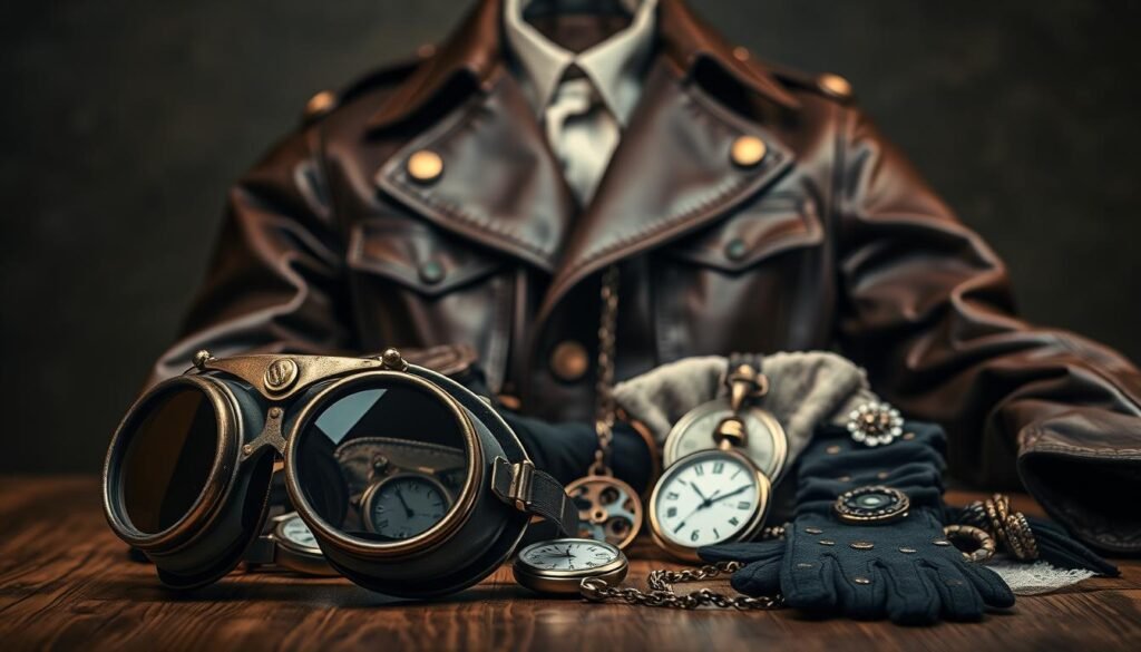 A high-resolution, detailed image of an assortment of stylish accessories for historical costumes, captured in a dimly lit, atmospheric studio setting. In the foreground, a pair of steampunk-inspired goggles with ornate metal frames and tinted lenses. Placed behind them, a vintage leather aviator jacket with brass buckles and epaulets. In the middle ground, an array of accessories including a pocketwatch on a chain, a decorative brooch, a lace cravat, and a pair of fingerless gloves. The background features a subtle, textured backdrop, hinting at the rich history and timeless elegance of these period-inspired accoutrements. The lighting is dramatic, with warm, soft shadows and highlights that accentuate the intricate details and the premium quality of the items.
