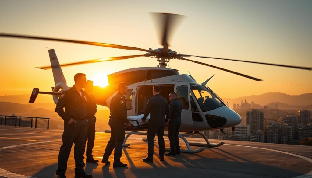 A hospital helipad at sunset, the rotor blades of a medical evacuation helicopter slicing through the fading golden light. In the foreground, a team of emergency medical personnel in crisp uniforms standing ready with a stretcher, their faces etched with determination. The middle ground reveals a patient being carefully loaded into the helicopter, the crew's movements practiced and efficient. In the background, a sprawling metropolitan skyline recedes into the distance, a reminder of the urban landscape this lifesaving operation serves. The scene is bathed in a warm, cinematic glow, conveying a sense of urgency and the critical importance of comprehensive travel insurance coverage.