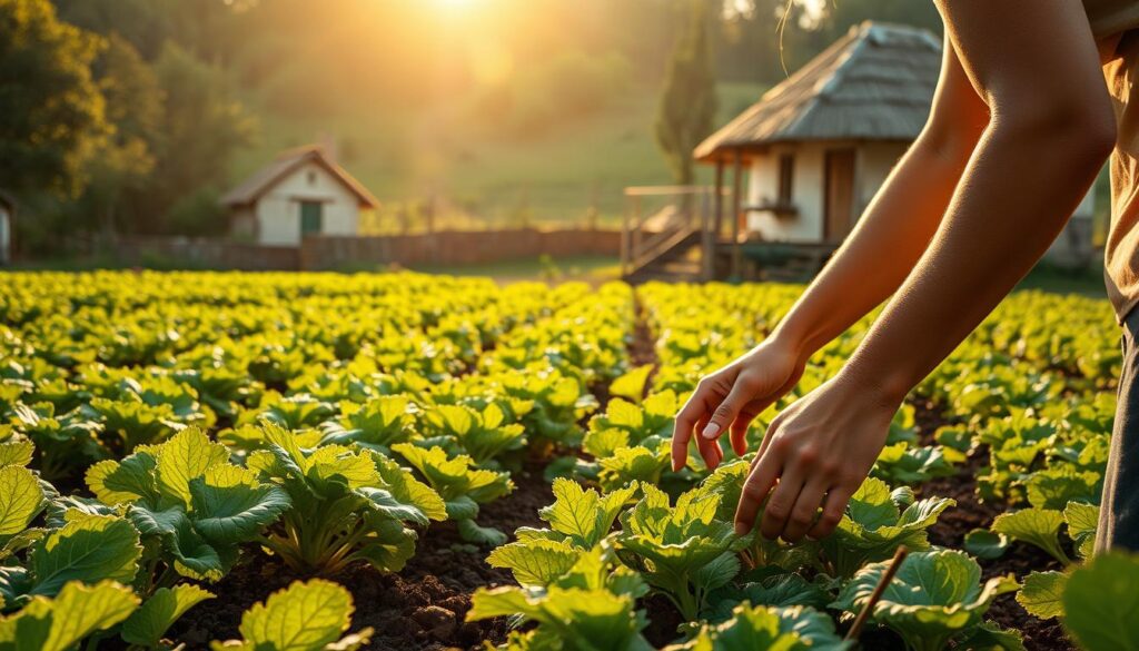 A lush, verdant field of organic crops, bathed in the warm glow of the afternoon sun. In the foreground, a farmer tenderly tends to the soil, her hands calloused from years of dedicated work. In the middle ground, rows of vibrant, healthy produce sway gently in the breeze, a testament to the care and attention lavished upon them. The background features a quaint, rustic farmhouse, its weathered walls and thatched roof blending seamlessly with the bucolic landscape. The overall scene conveys a sense of harmony, where nature and human stewardship coexist in perfect balance, showcasing the early sustainable efforts that have defined this personal journey.