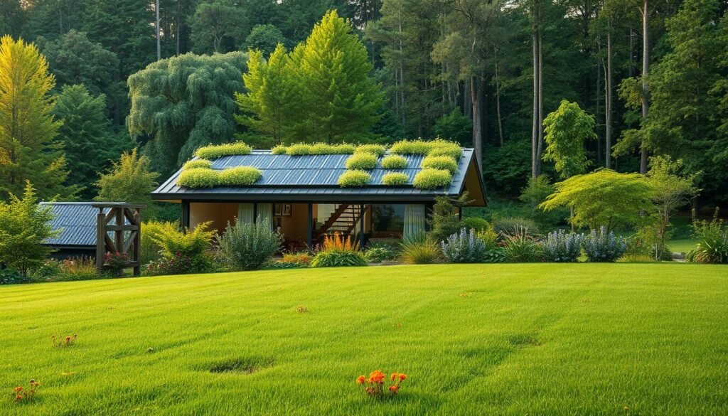 A lush, verdant landscape with a modern, energy-efficient home nestled amidst a flourishing garden. The foreground features a well-manicured lawn dotted with vibrant, low-maintenance native plants. In the middle ground, the home's sleek, eco-friendly design is accentuated by a living roof and solar panels that blend seamlessly with the natural surroundings. The background showcases a tranquil, wooded area, bathed in soft, natural lighting that casts a warm, inviting glow. The overall scene conveys a sense of harmony, sustainability, and environmental stewardship, perfectly capturing the essence of a "green home."