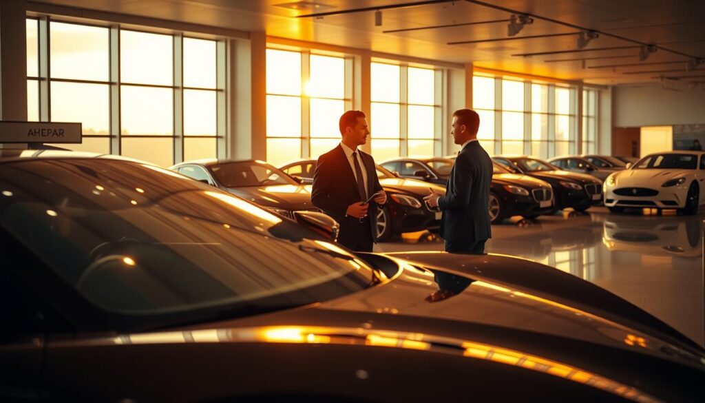 A luxurious car rental showroom, bathed in warm, golden light from large panoramic windows. In the foreground, a sleek, exclusive sports car takes center stage, its glossy exterior gleaming under the soft lighting. In the middle ground, a concierge dressed in a sharp suit greets a customer, discussing the various premium perks available, such as complimentary upgrades, chauffeur services, and exclusive access to a members-only lounge. The background features a display of high-end vehicles, each offering a unique set of amenities and experiences tailored to the discerning traveler. The overall atmosphere exudes an air of exclusivity, comfort, and exceptional service.
