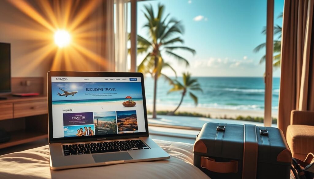 A luxurious hotel suite overlooking a picturesque tropical beach, the sun's golden rays casting a warm glow across the scene. In the foreground, a laptop displays a tastefully designed webpage showcasing a collection of exclusive travel deals, the text and images enticing the viewer to explore further. The middle ground features a chic suitcase and travel accessories, hinting at the exciting journey to come. In the background, a panoramic view of the ocean, palm trees swaying gently in the breeze, creating a serene and aspirational atmosphere. A luxurious hotel suite overlooking a picturesque tropical beach, the sun's golden rays casting a warm glow across the scene. In the foreground, a laptop displays a tastefully designed webpage showcasing a collection of exclusive travel deals, the text and images enticing the viewer to explore further. The middle ground features a chic suitcase and travel accessories, hinting at the exciting journey to come. In the background, a panoramic view of the ocean, palm trees swaying gently in the breeze, creating a serene and aspirational atmosphere.