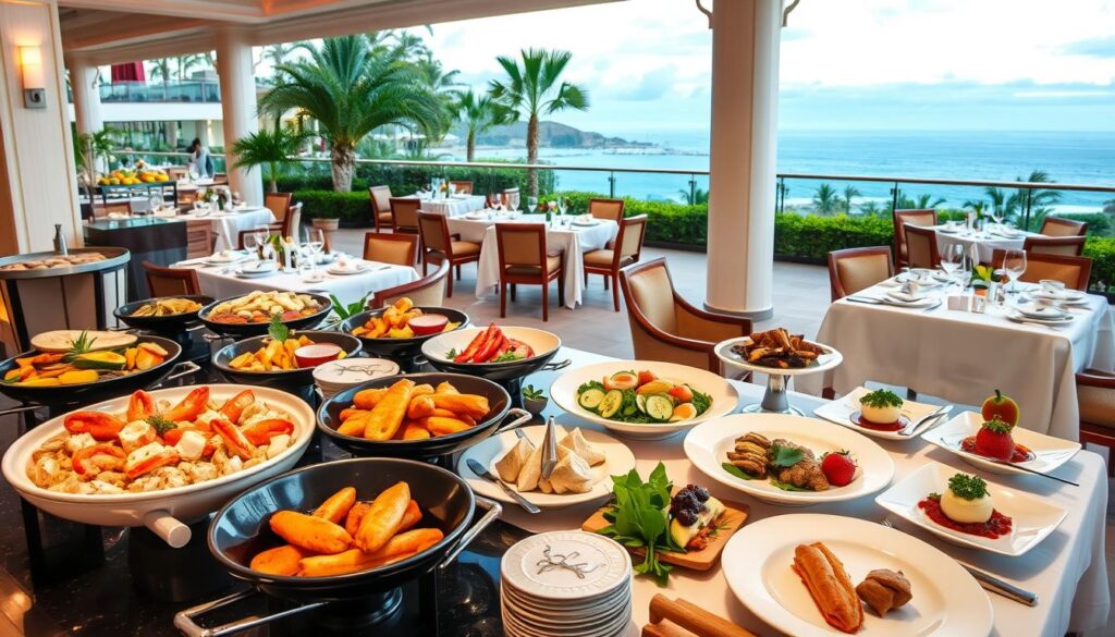 A luxurious resort dining scene with an array of culinary delights. In the foreground, a beautifully presented buffet showcases an assortment of international cuisines - from sizzling seafood dishes to artfully plated desserts. In the middle ground, elegant tables set with crisp linens and fine dinnerware invite guests to savor the flavors. The background features a warm, inviting ambiance with soft lighting, lush greenery, and panoramic ocean views, creating a serene and indulgent dining experience. Captured through a wide-angle lens, the image conveys the diversity and quality of the resort's culinary offerings. A luxurious resort dining scene with an array of culinary delights. In the foreground, a beautifully presented buffet showcases an assortment of international cuisines - from sizzling seafood dishes to artfully plated desserts. In the middle ground, elegant tables set with crisp linens and fine dinnerware invite guests to savor the flavors. The background features a warm, inviting ambiance with soft lighting, lush greenery, and panoramic ocean views, creating a serene and indulgent dining experience. Captured through a wide-angle lens, the image conveys the diversity and quality of the resort's culinary offerings.