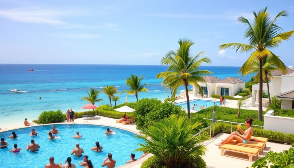 A luxurious seaside resort with a stunning ocean view. In the foreground, a group of people enjoying various activities - lounging by the pool, sipping cocktails, and engaging in water sports. The middle ground features well-appointed bungalows and villas, their clean lines and bright colors contrasting with the lush tropical foliage. In the background, the azure blue of the Caribbean Sea meets the horizon, punctuated by the occasional palm tree swaying gently in the warm breeze. Soft, diffused lighting creates a serene, inviting atmosphere, while a wide-angle lens captures the expansive, picturesque setting. This idyllic scene exemplifies the allure of an all-inclusive Cancun vacation, beckoning travelers to indulge in the ultimate in relaxation and rejuvenation. A luxurious seaside resort with a stunning ocean view. In the foreground, a group of people enjoying various activities - lounging by the pool, sipping cocktails, and engaging in water sports. The middle ground features well-appointed bungalows and villas, their clean lines and bright colors contrasting with the lush tropical foliage. In the background, the azure blue of the Caribbean Sea meets the horizon, punctuated by the occasional palm tree swaying gently in the warm breeze. Soft, diffused lighting creates a serene, inviting atmosphere, while a wide-angle lens captures the expansive, picturesque setting. This idyllic scene exemplifies the allure of an all-inclusive Cancun vacation, beckoning travelers to indulge in the ultimate in relaxation and rejuvenation.